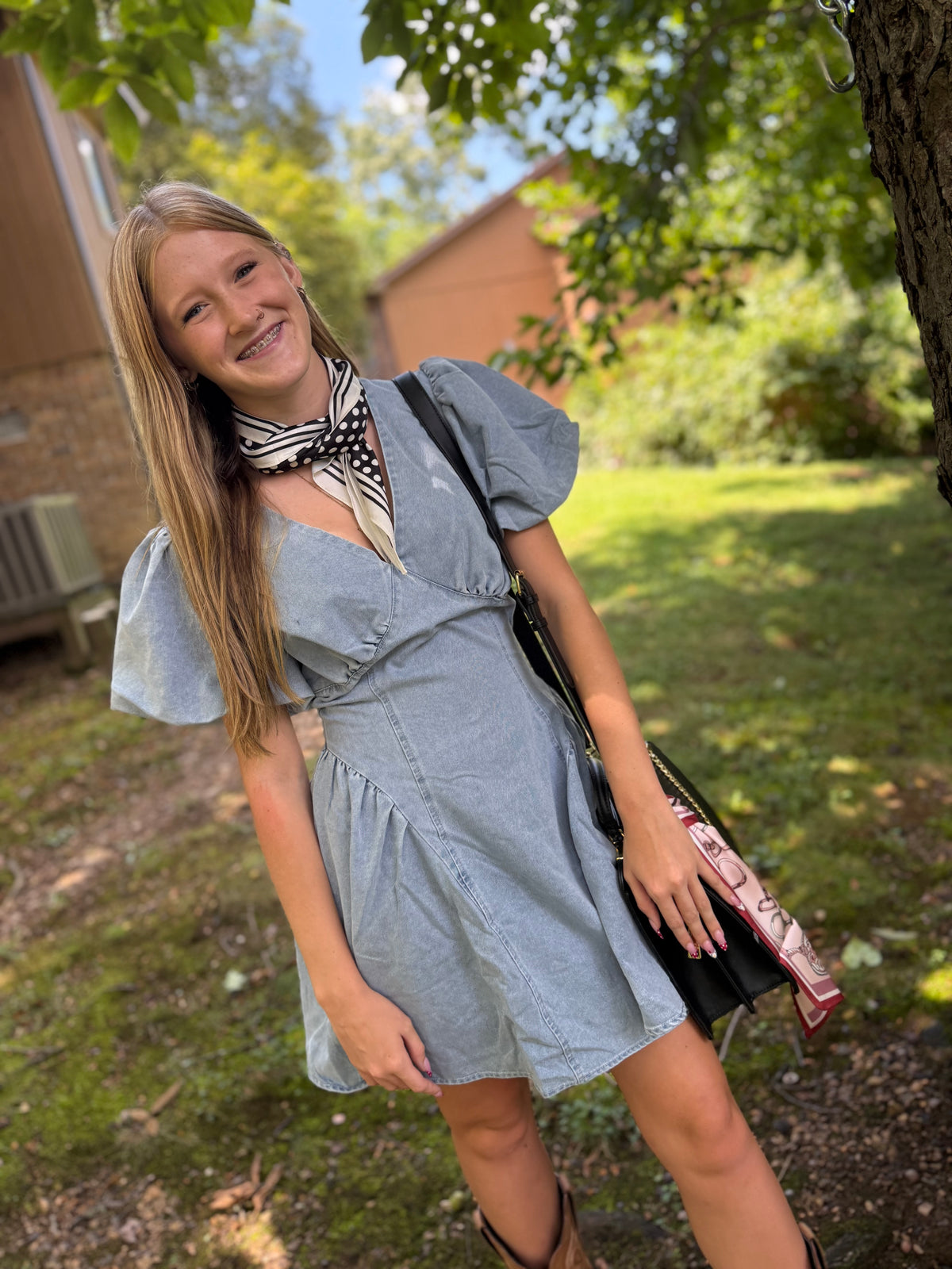 Light Denim Puff Mini Dress