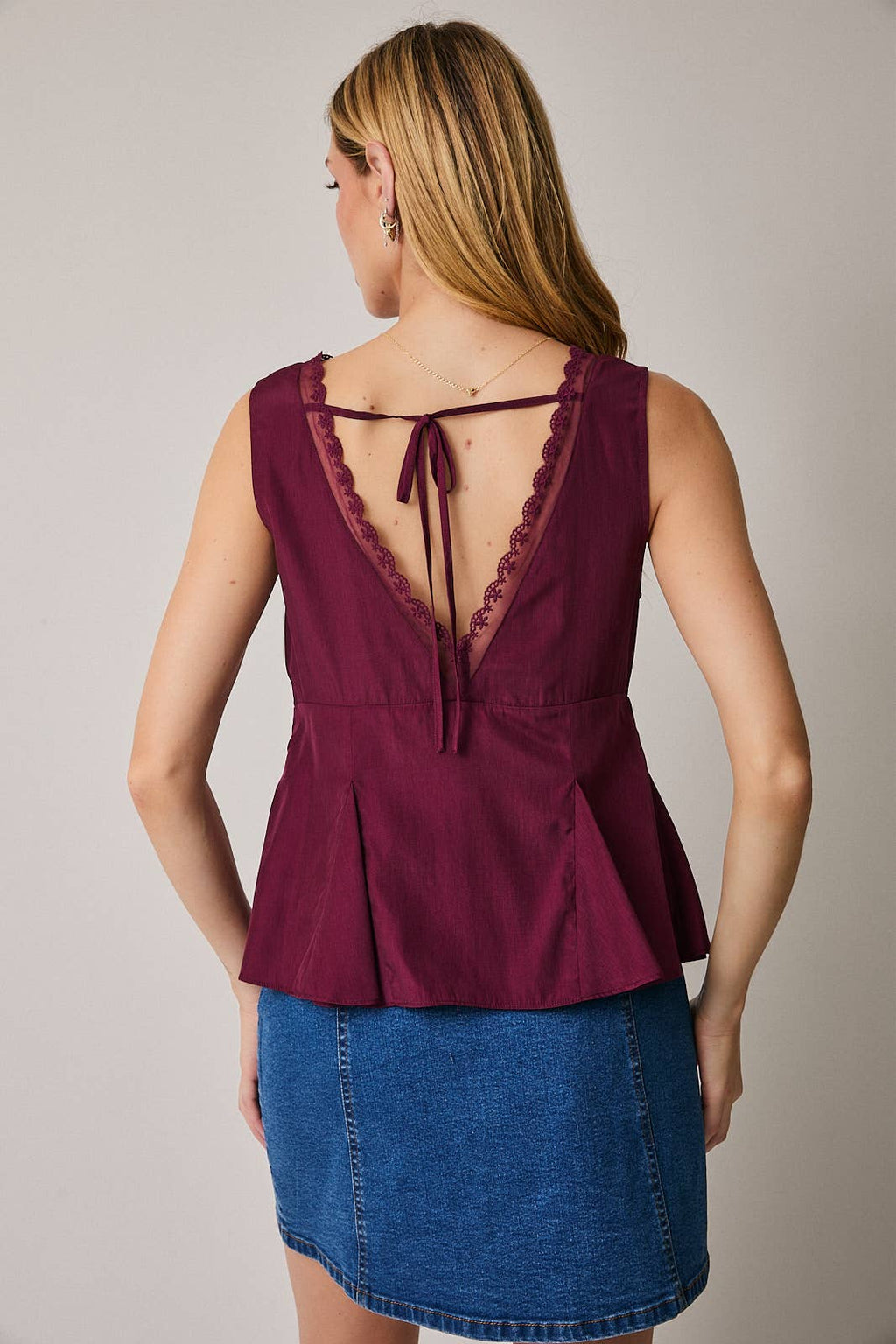 Maroon Lace-Trim Peplum Tank