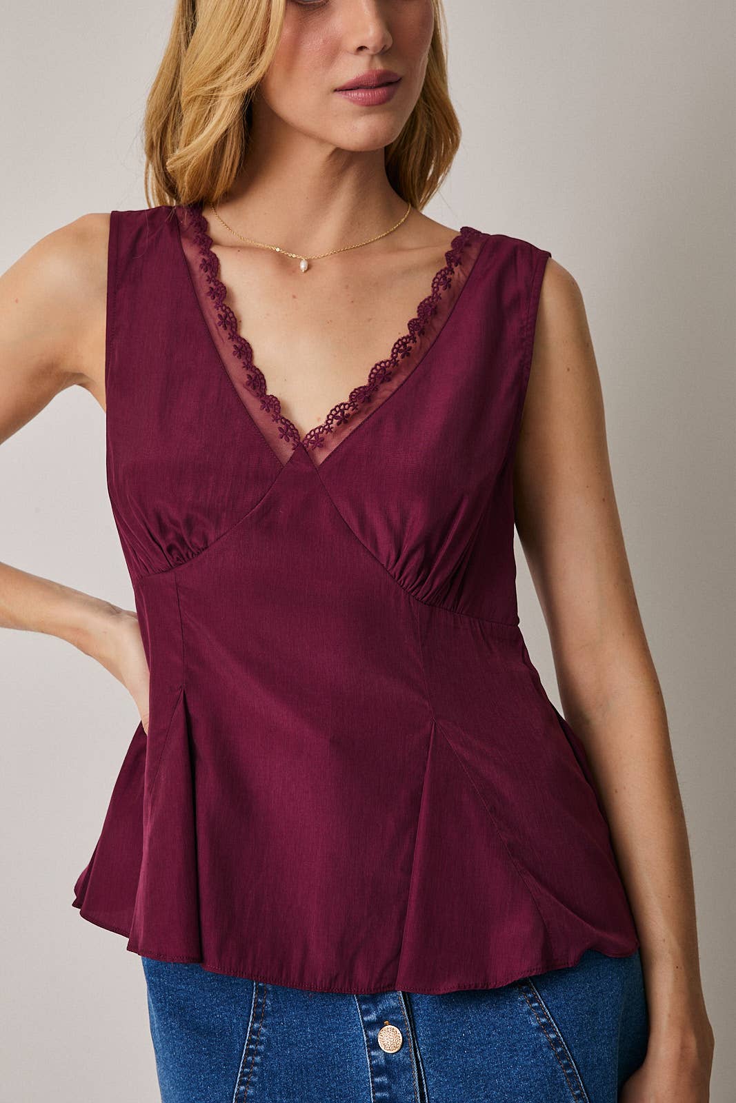 Maroon Lace-Trim Peplum Tank