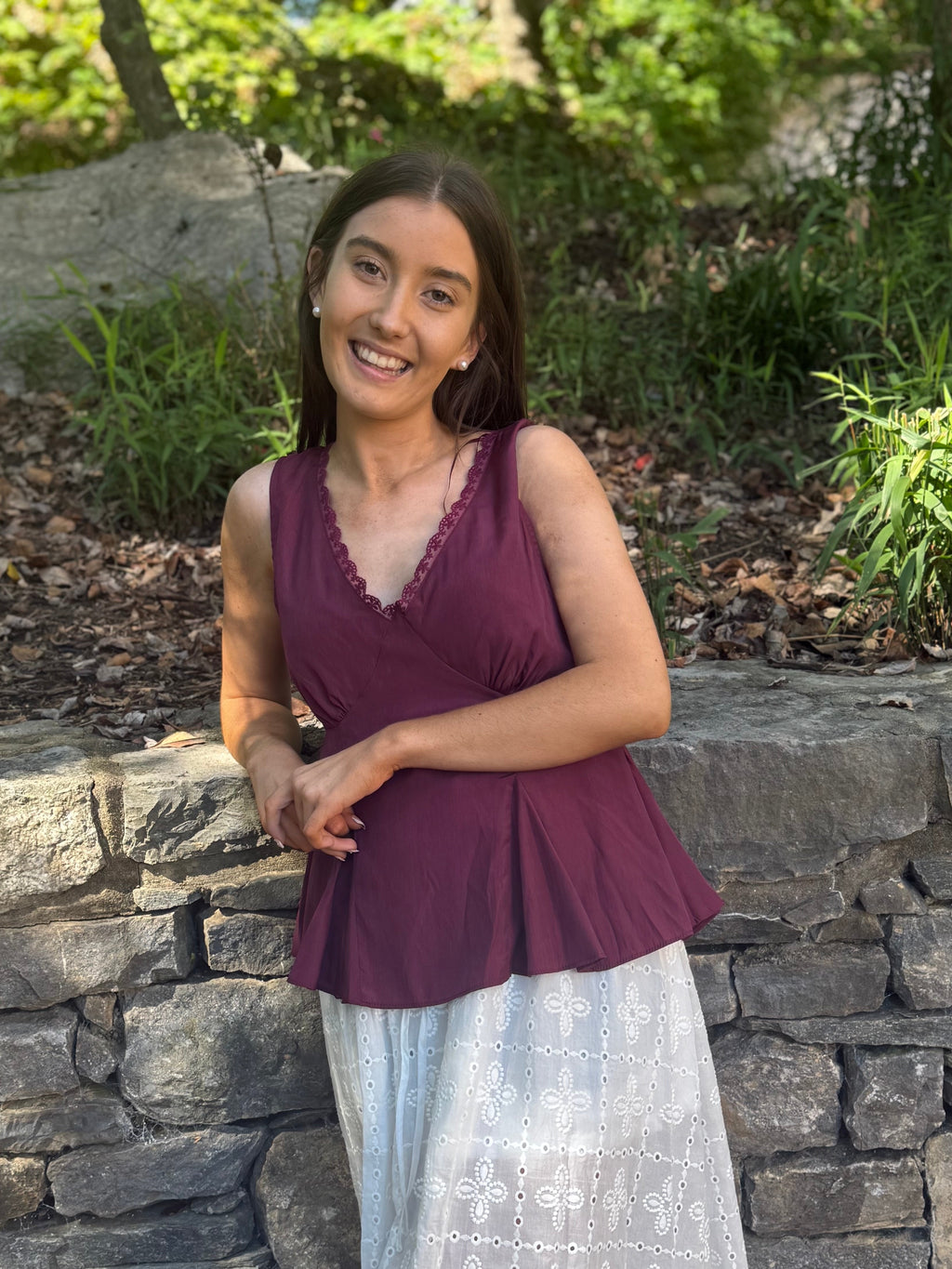 Maroon Lace-Trim Peplum Tank