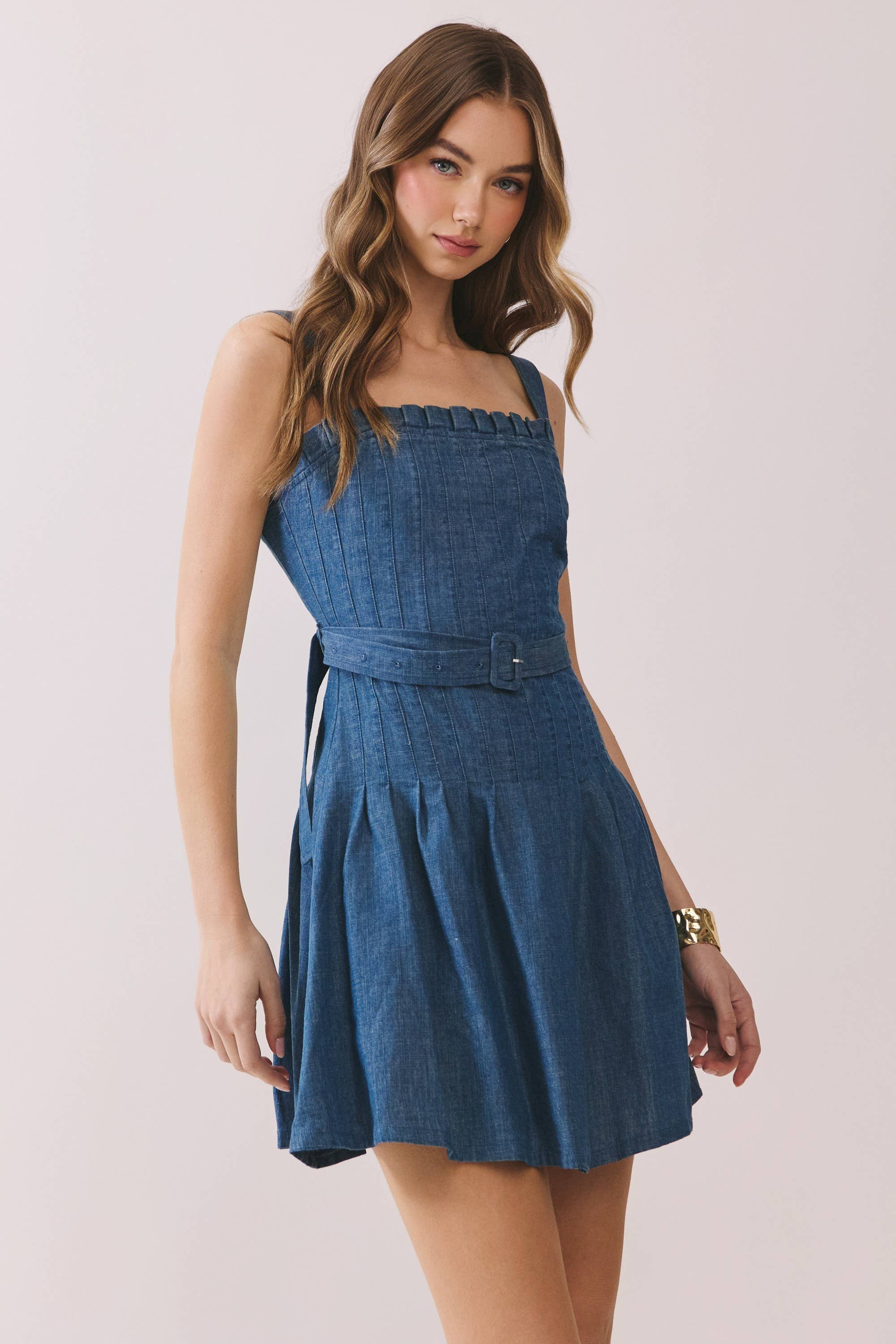 Denim Belted Fit & Flare Mini Dress